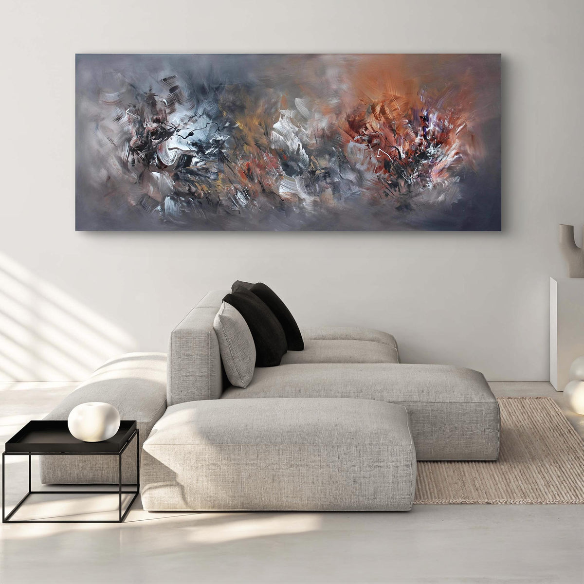 Find My Peace, a bronze and brown original abstract painting by Paresh Nrshinga displayed in a contemporary interior