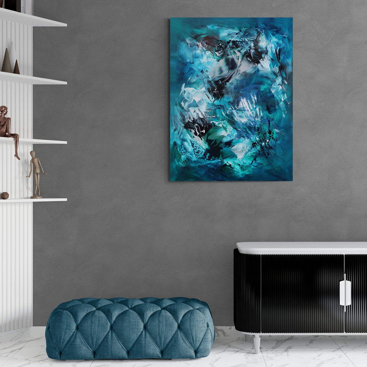 Waterfall by Paresh Nrshinga, original green, pink and teal abstract painting displayed in a contemporary interior