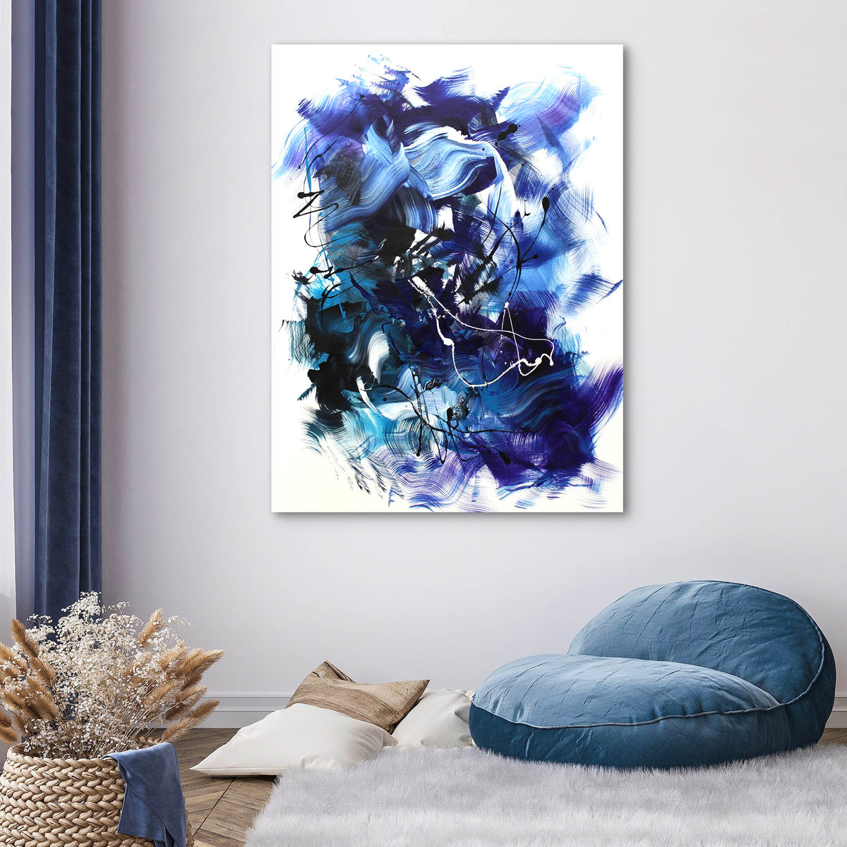 Celestial Motion, a portrait abstract painting in black, blue and teal by Paresh Nrshinga, hanging on a living room wall