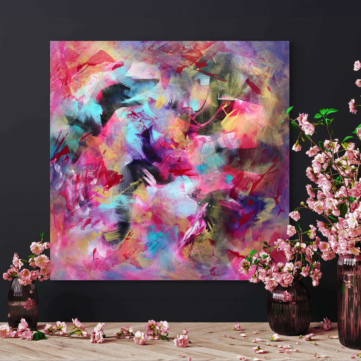 Dancing Hues, original colourful abstract painting by Paresh Nrshinga FRSA, with expressive brushstrokes in a contemporary composition.