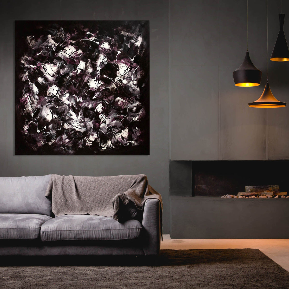Midnight Garden, a 140 by 140 cm original abstract painting by Paresh Nrshinga displayed above a sofa in a modern living room