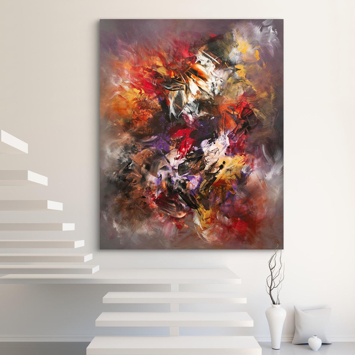 Moonlit Garden I, crimson, orange and gold original abstract painting by Paresh Nrshinga displayed in a modern room