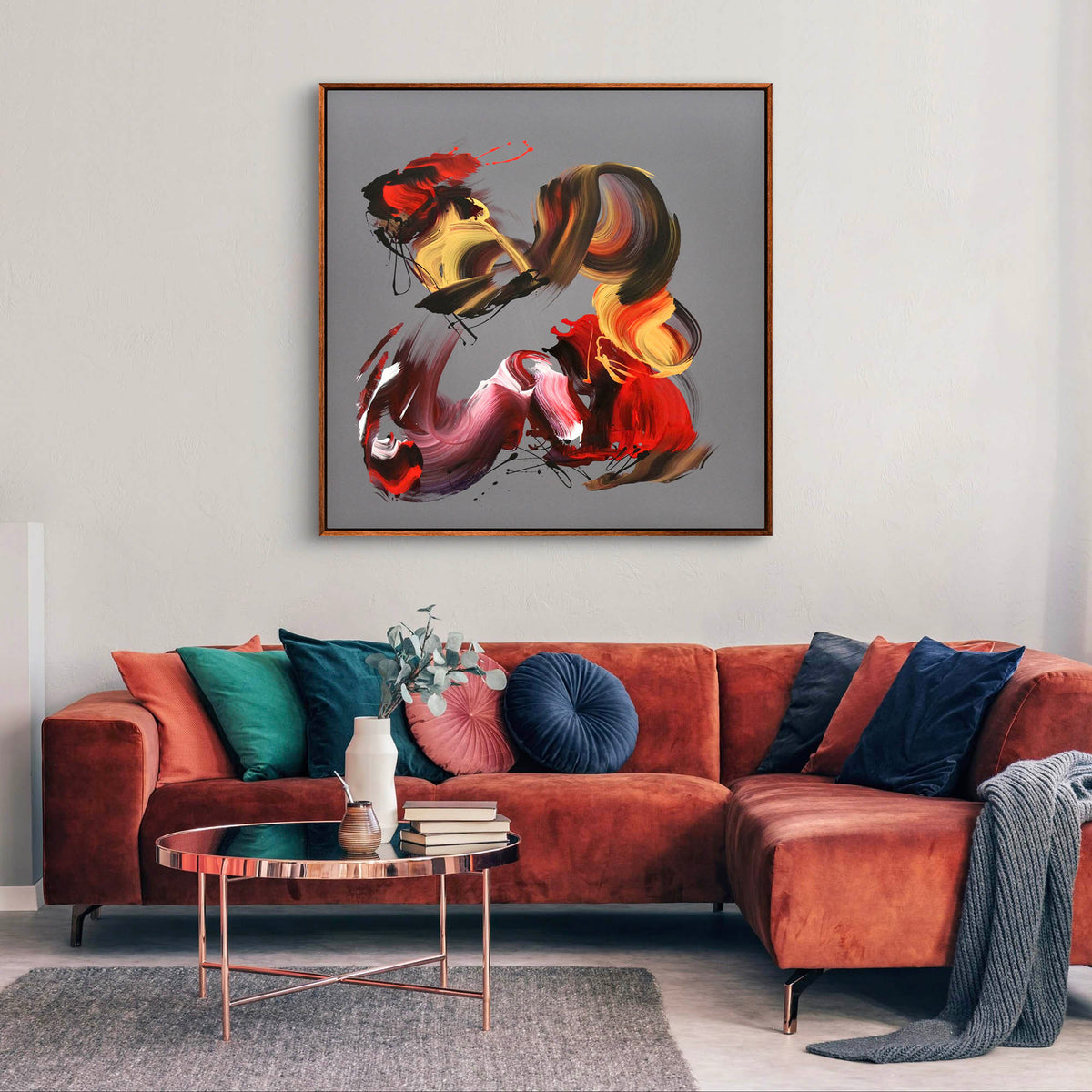 Fiery Symphony III by Paresh Nrshinga, original crimson, scarlet and gold abstract painting in a contemporary interior