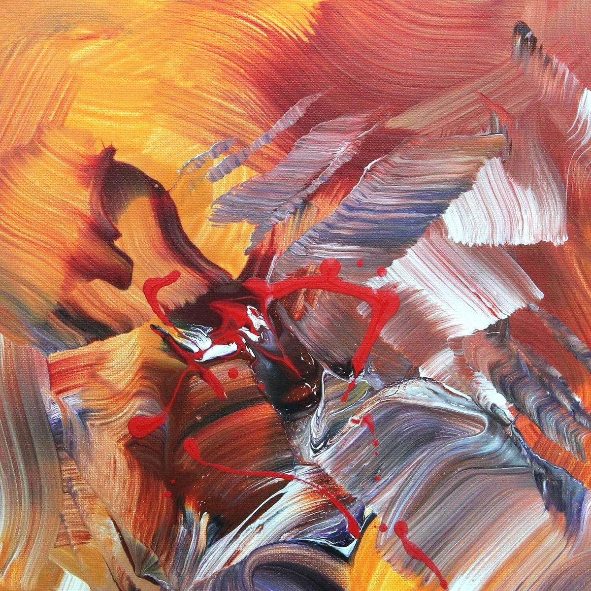 Vibrant abstract canvas art with dynamic brushstrokes in warm, fiery hues of orange, red, and white, creating an energetic and expressive visual experience.