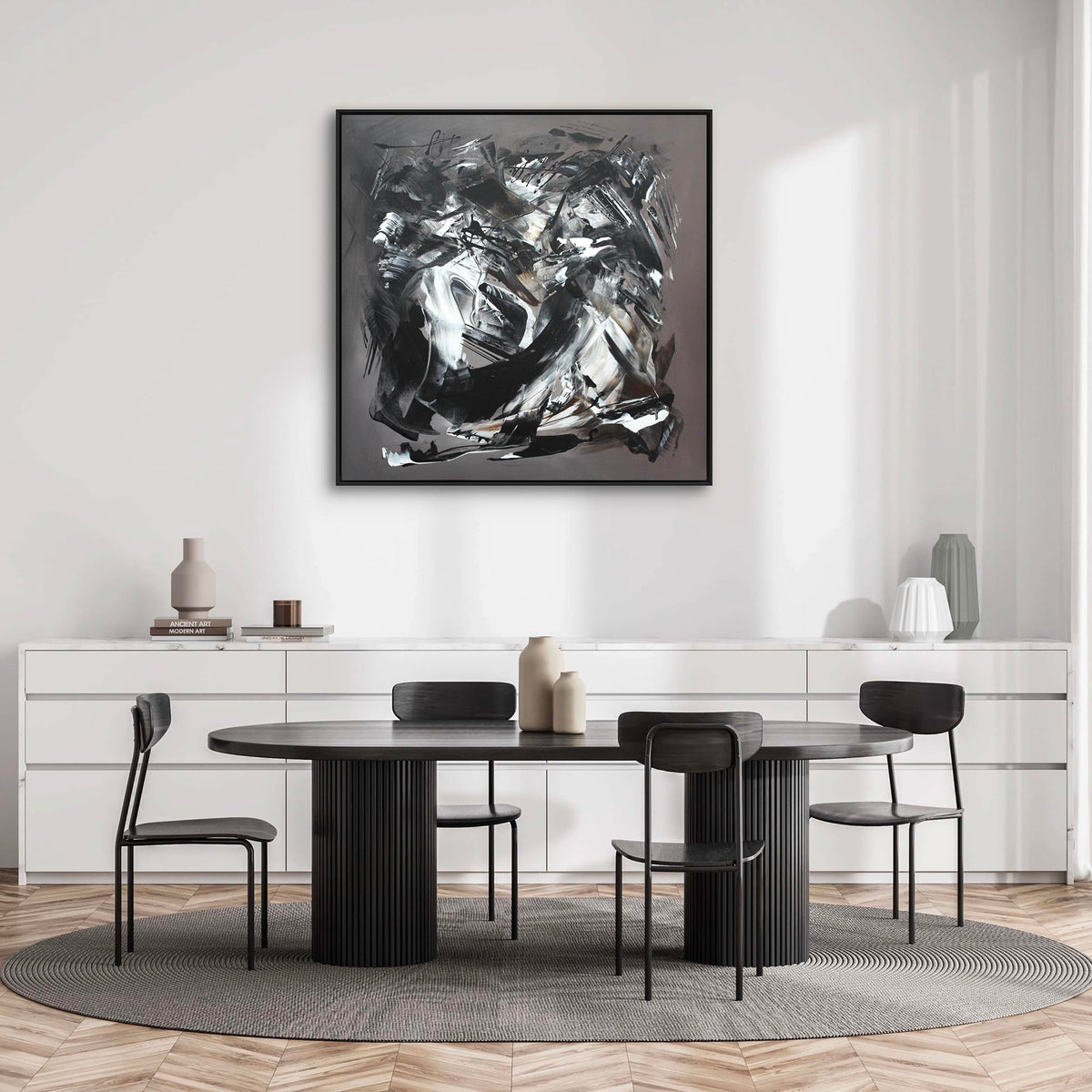 Taupe Abstraction | Bold, textured abstract painting with striking monochrome tones, displayed in a modern minimalist dining room setting.