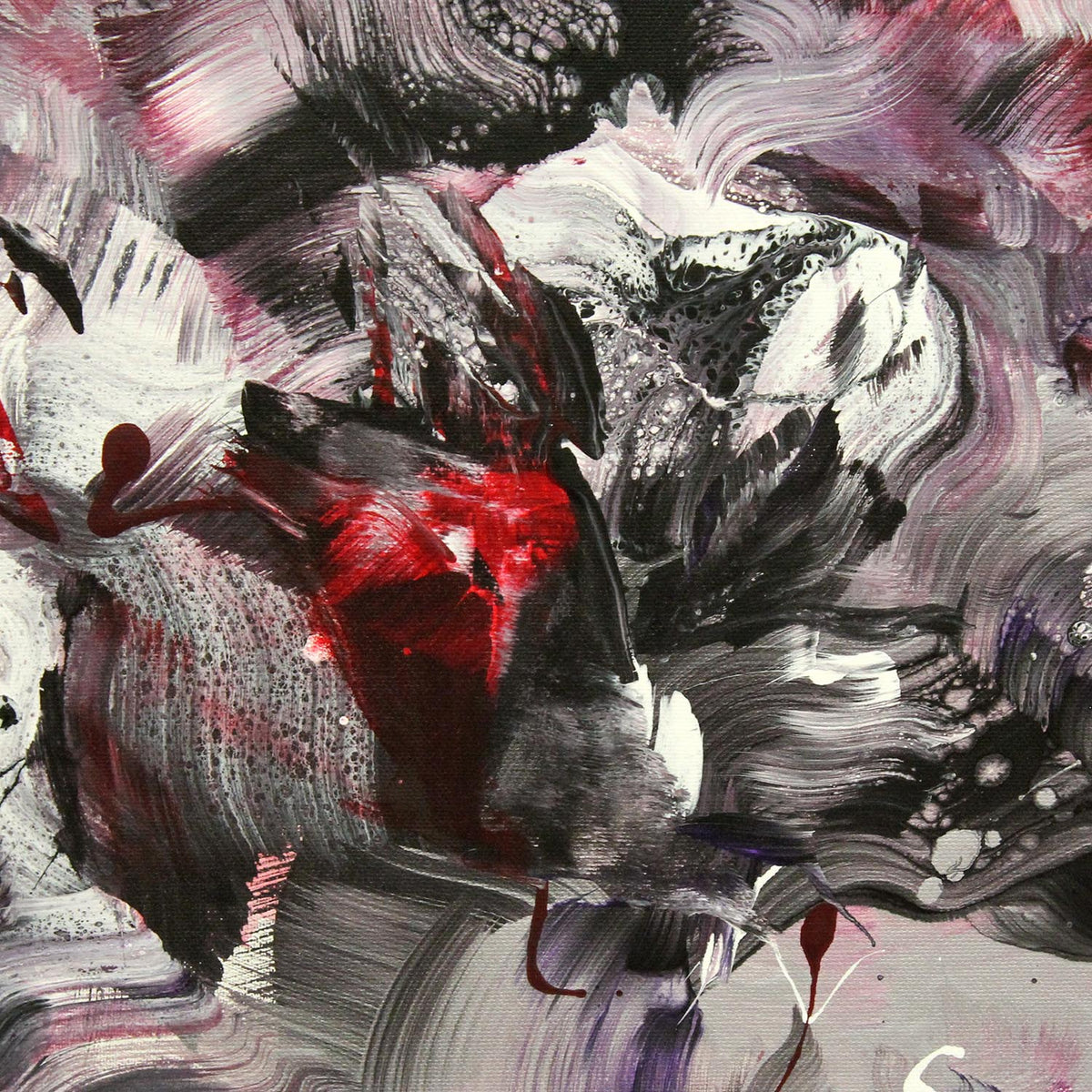 Large canvas art depicting a vibrant, abstract floral scene in shades of pink, black, and white. The painting features expressive brushstrokes and a captivating, dynamic composition.