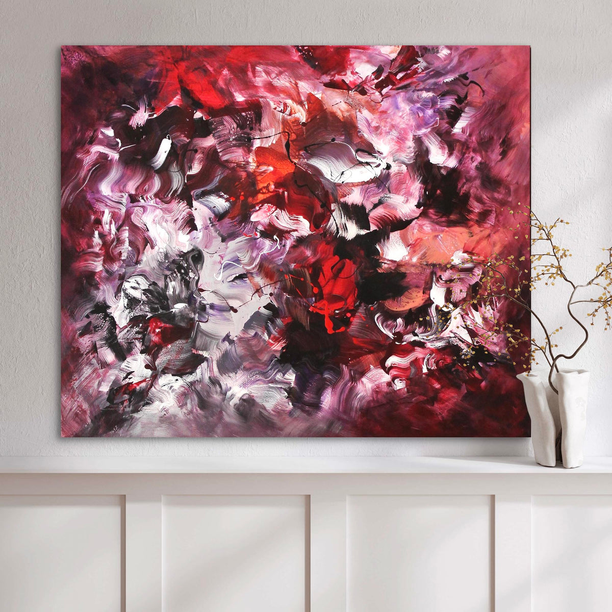 Vibrant abstract canvas art depicting a lush, colorful meadow under the moonlight