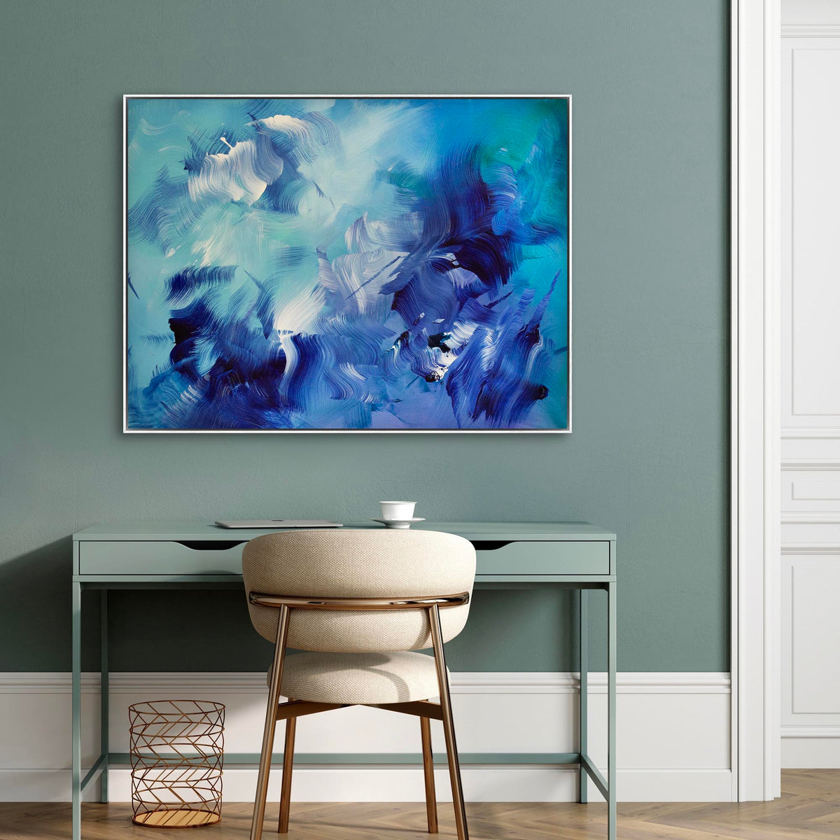 Blue Awakening by Paresh Nrshinga, fluid blue and turquoise abstract painting in an interior