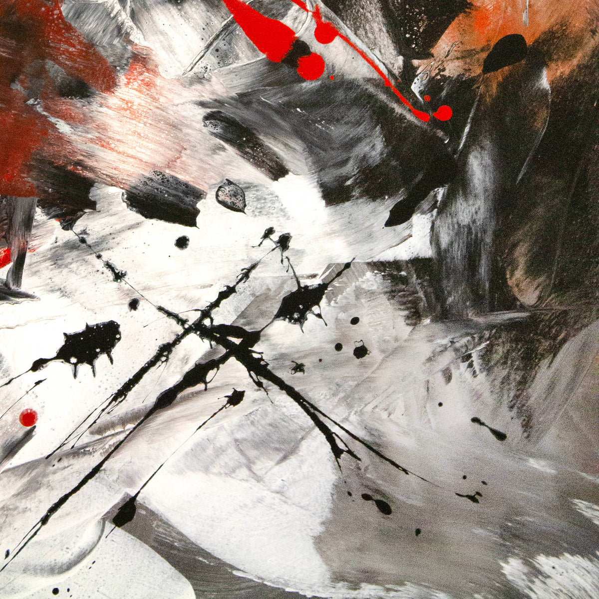 Gallery style large scale abstract art with energetic crimson and monochrome palette