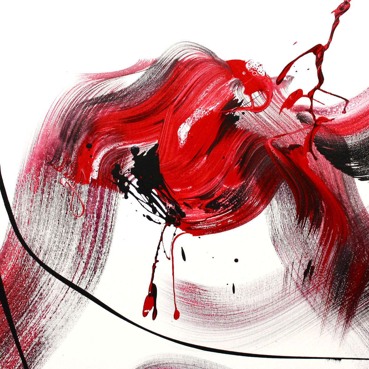 Vibrant abstract painting with bold red and black brushstrokes, modern monochrome art