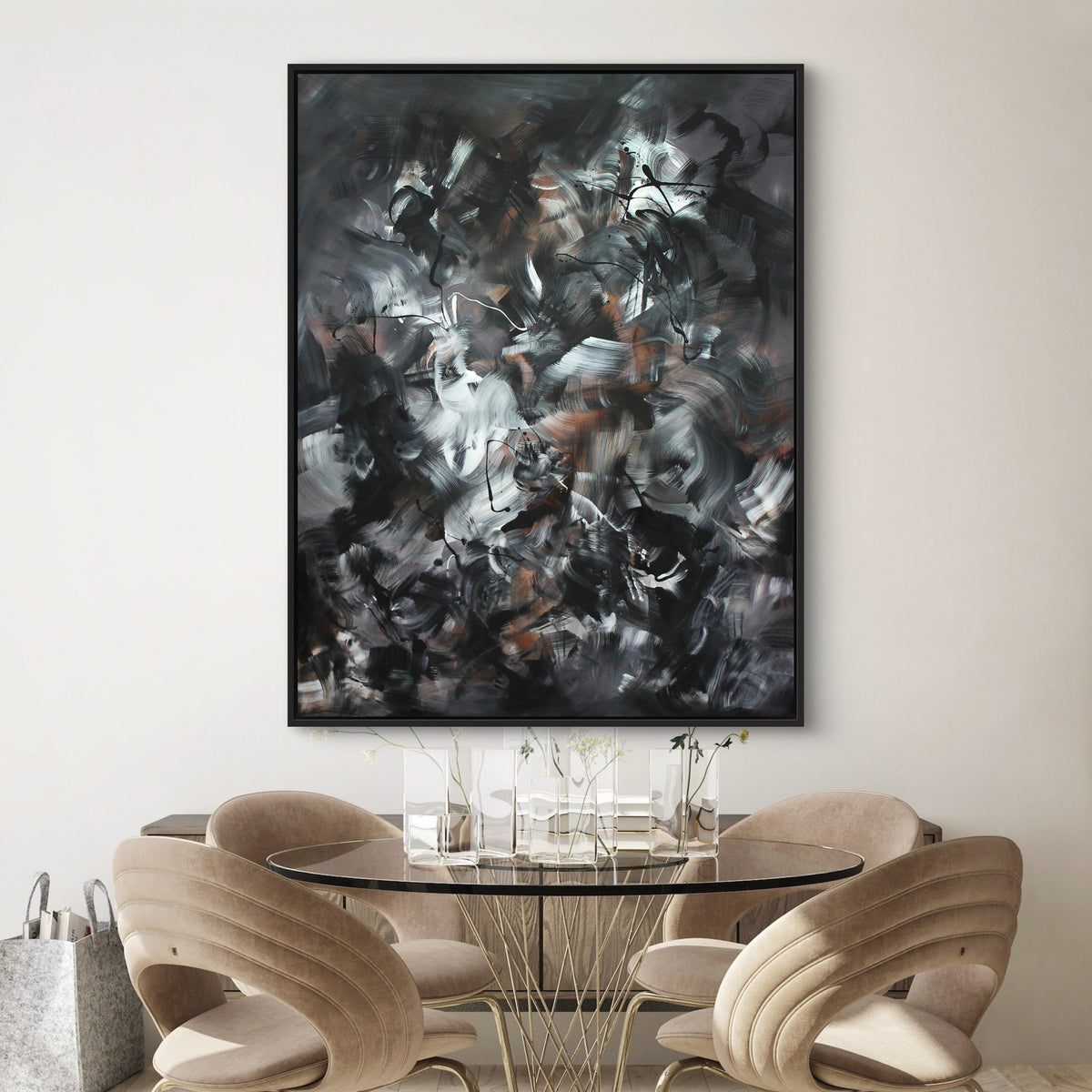 Chromatic Symphony, original Black, Grey, Red abstract painting by Paresh Nrshinga displayed in a contemporary interior.