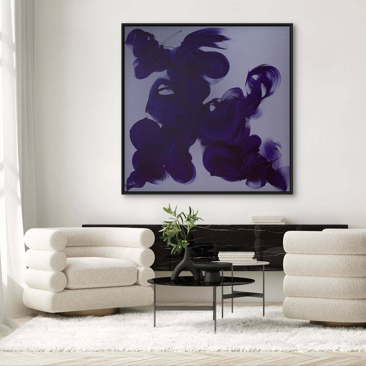 Deep Fluidity abstract painting by Paresh Nrshinga dark indigo blue brushstrokes on light grey background 55x55 inch acrylic on canvas