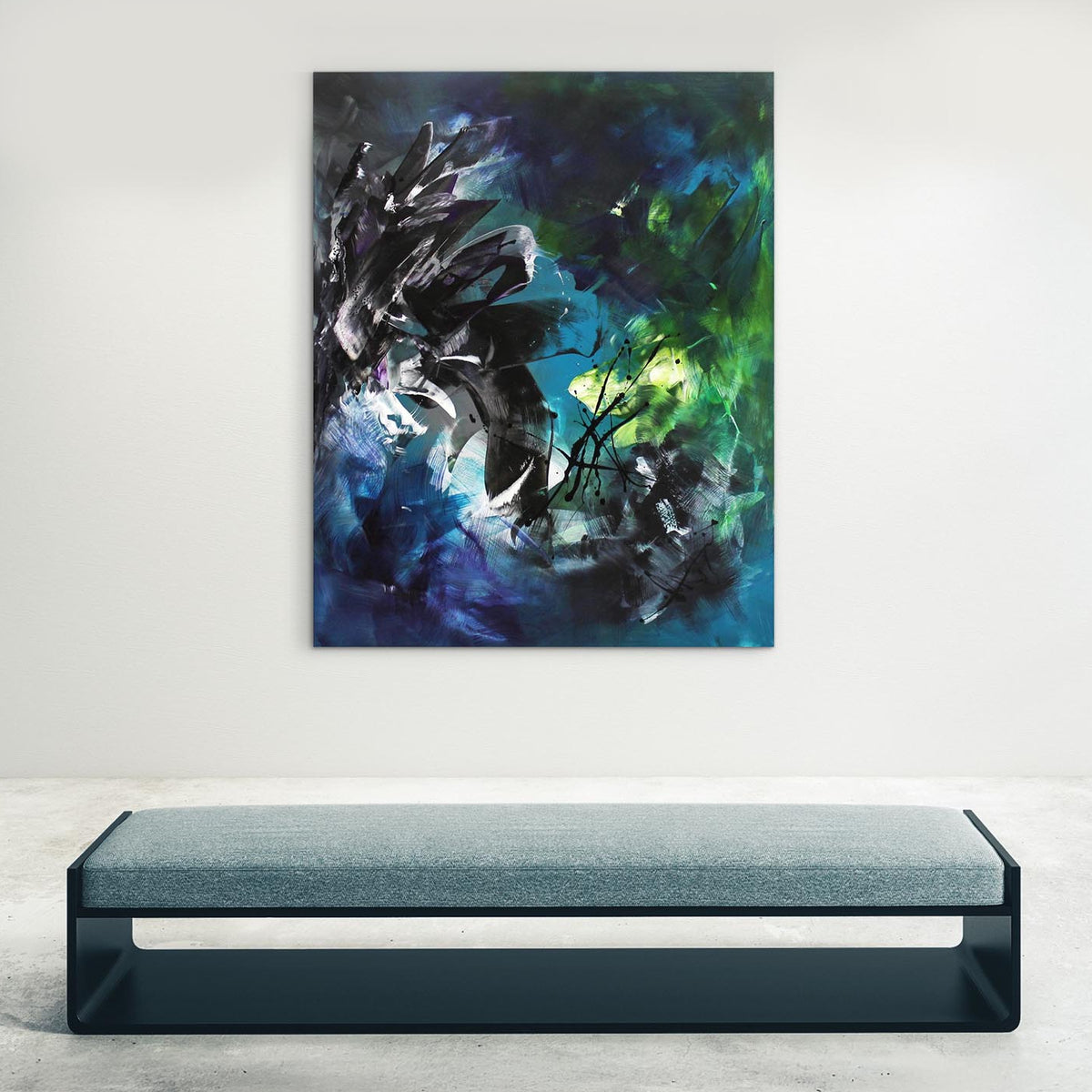 Dreamscape In Motion, original Blue, Green, Indigo abstract painting by Paresh Nrshinga.