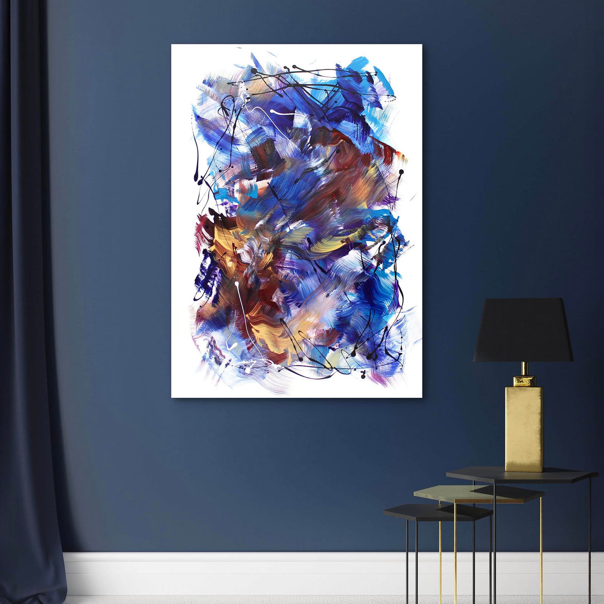 Echoes of the Sky, original Blue, Bronze, Gold abstract painting by Paresh Nrshinga displayed in a contemporary interior.