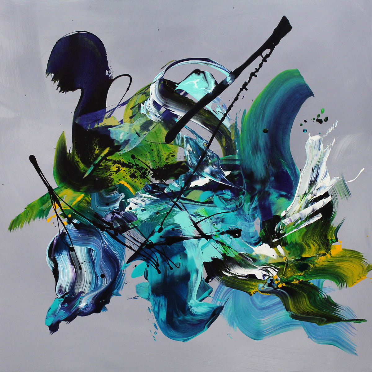 Emerald Echoes, original Blue, Emerald, Taupe abstract painting by Paresh Nrshinga displayed in a contemporary interior.