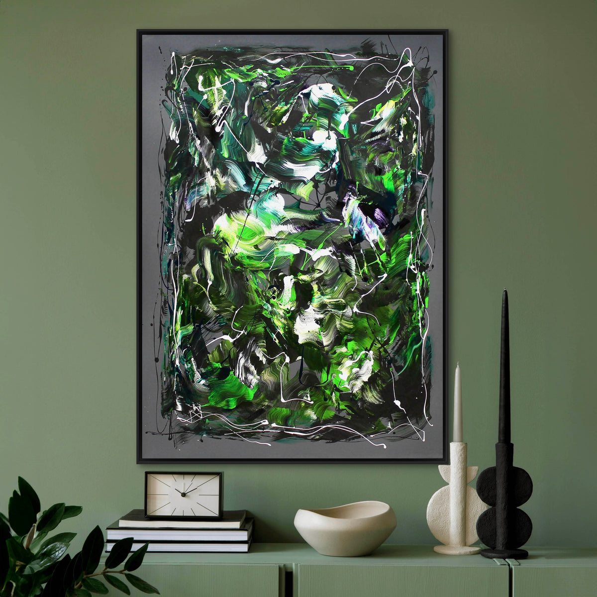 Emerald Veil, original Black, Charcoal, Emerald abstract painting by Paresh Nrshinga displayed in a contemporary interior.
