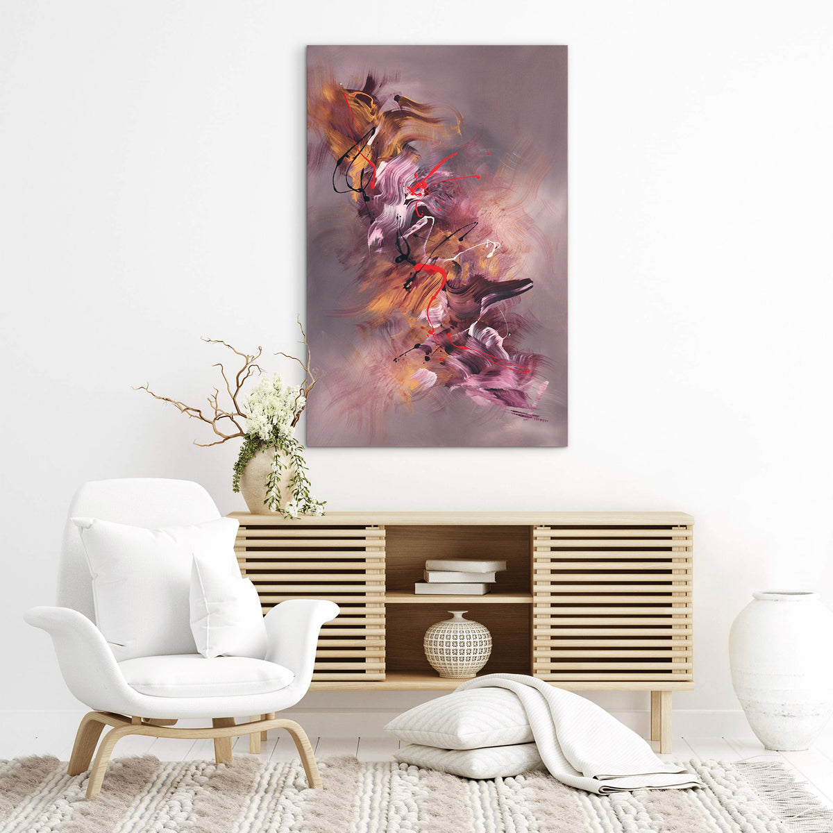 Statement contemporary wall art with flowing gestures and dramatic red lines