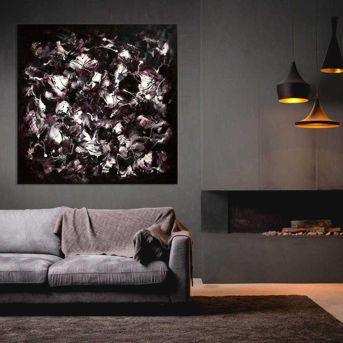 Expansive Abstract Art | Midnight Garden 55x55" - Dramatic monochrome painting displayed above cozy living room sofa with pendant lights, showcasing modern abstract landscape design.