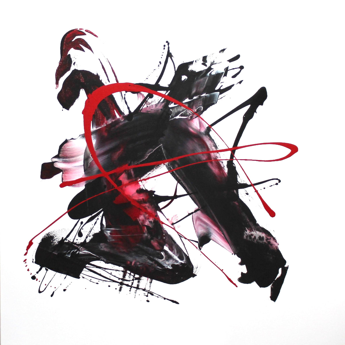 Triptych abstract art in black, red, and white colors with dynamic brushstrokes, creating a captivating modern landscape.