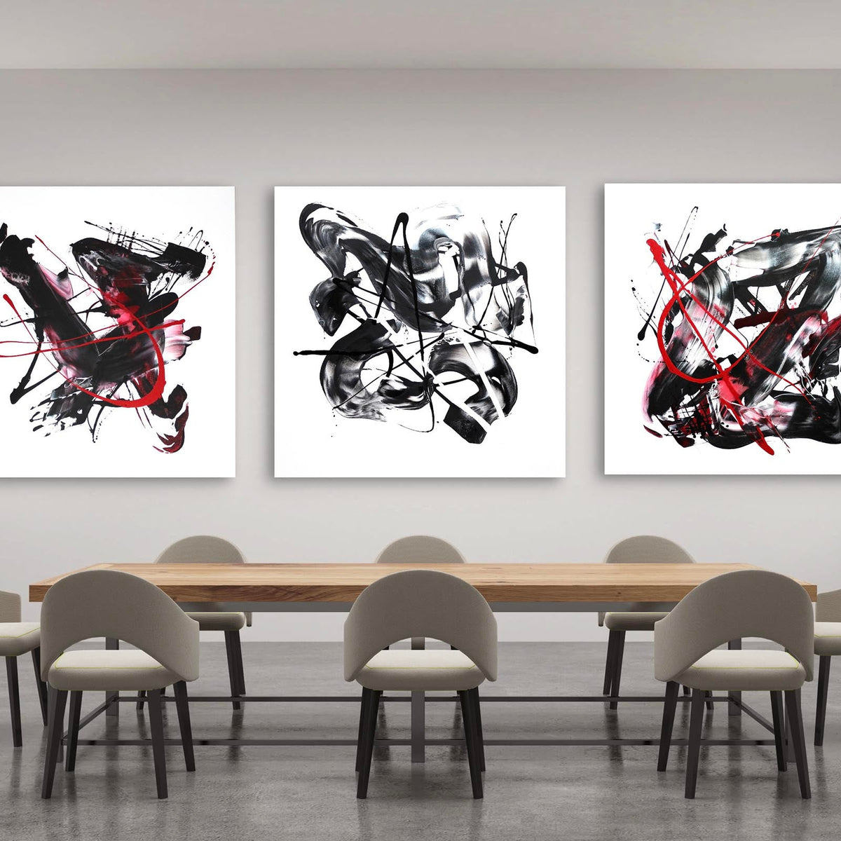 Contemporary Triptych Art | Firedance, Dreams, Fly Away | Dramatic Abstract Landscape | Bold Black, White, and Red Accents | Paresh Nrshinga Original Artwork