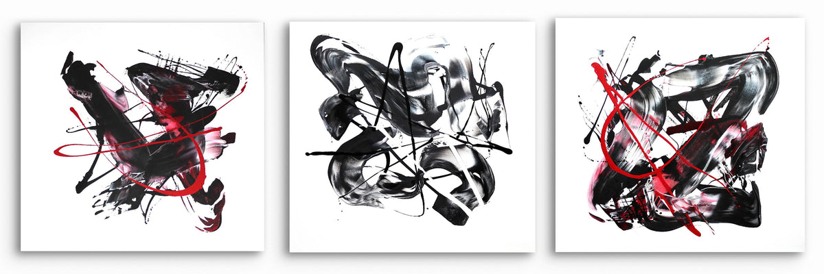 Abstract triptych artwork featuring bold black, white, and red brushstrokes. Striking modern art with dynamic, energetic compositions. Large-scale abstract landscape paintings showcasing the artist's Paresh Nrshinga's unique style.