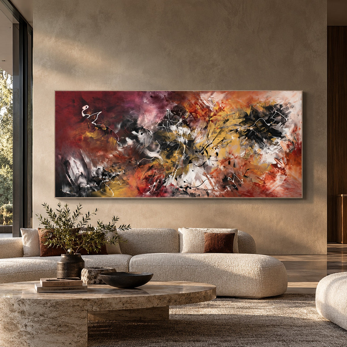 Just Before by Paresh Nrshinga, extra large red and ochre abstract painting above a cream sofa in a sunlit living room