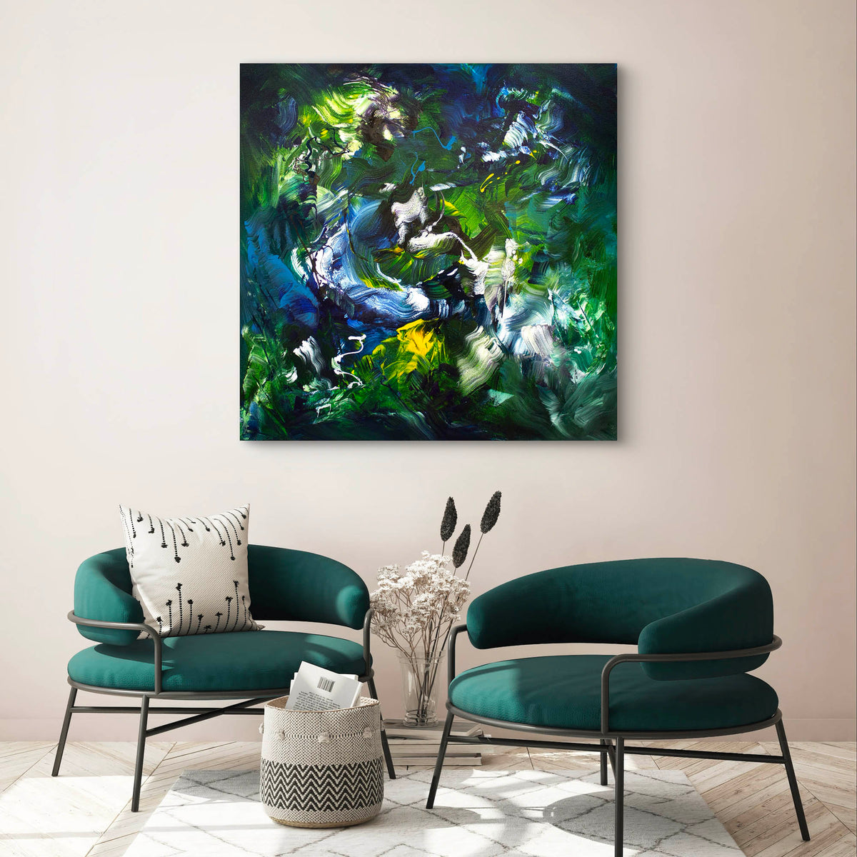 Forest Glow, original Blue, Green, Red abstract painting by Paresh Nrshinga.