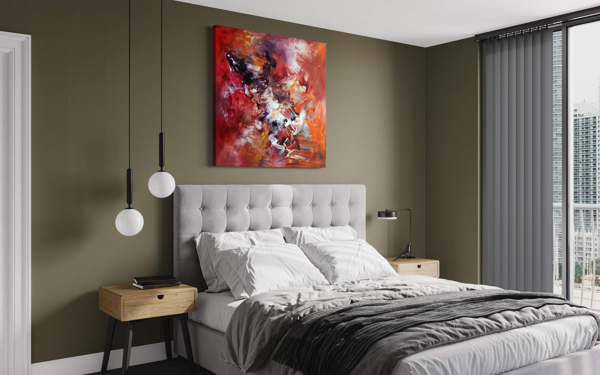 Captivating Abstract Artwork | Vibrant Colors Adorn Bedroom | Large Painting Enhances Modern Decor