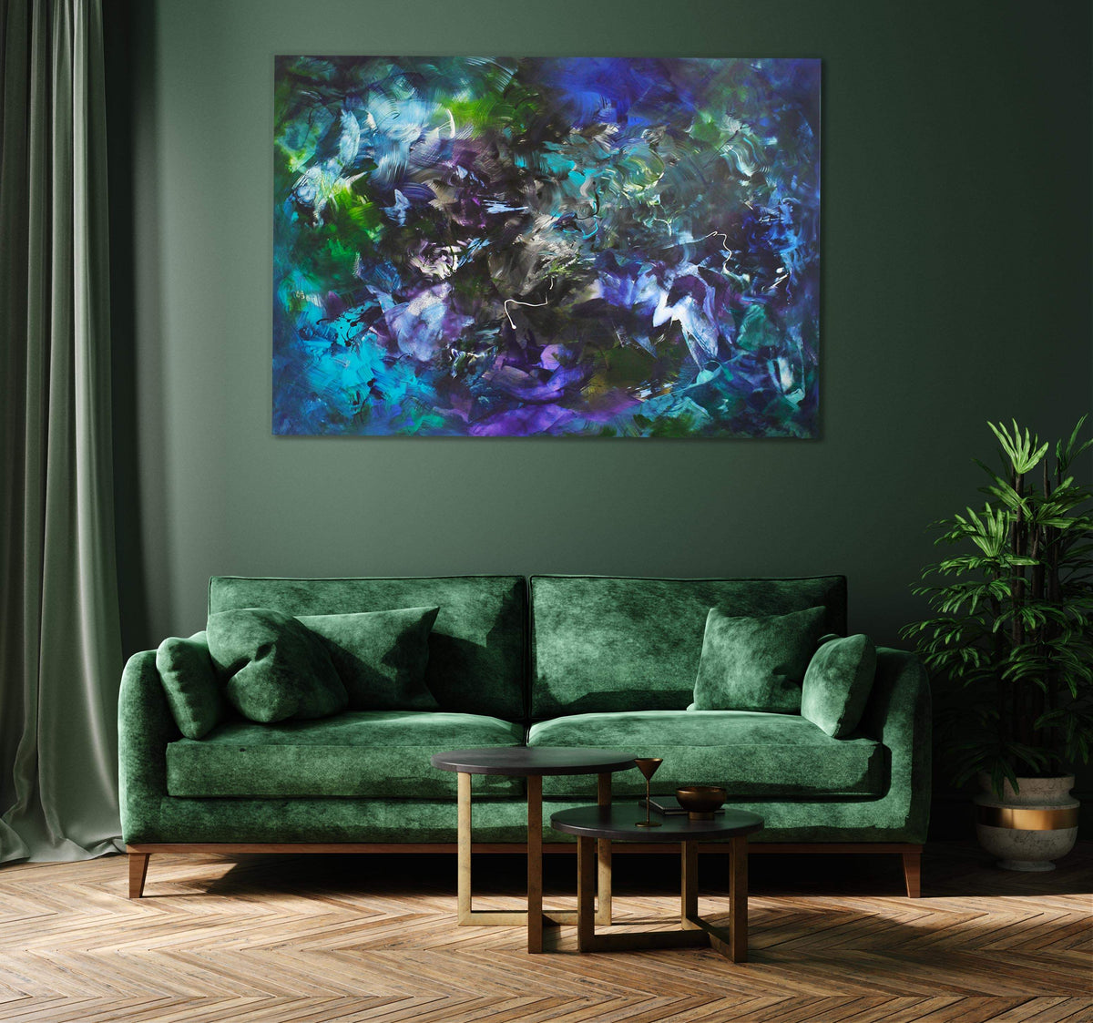Jardin Fleuri by Paresh Nrshinga hanging above a green velvet sofa in a dark green living room