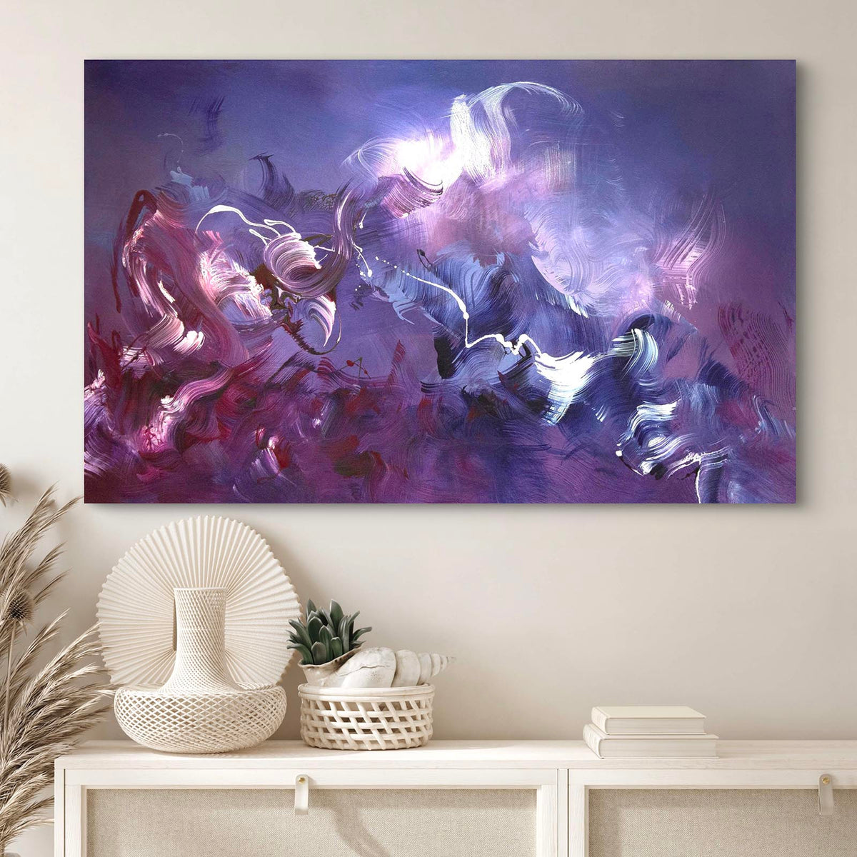 Veil Of Dreams by Paresh Nrshinga, layered purple and pink abstract artwork in an interior