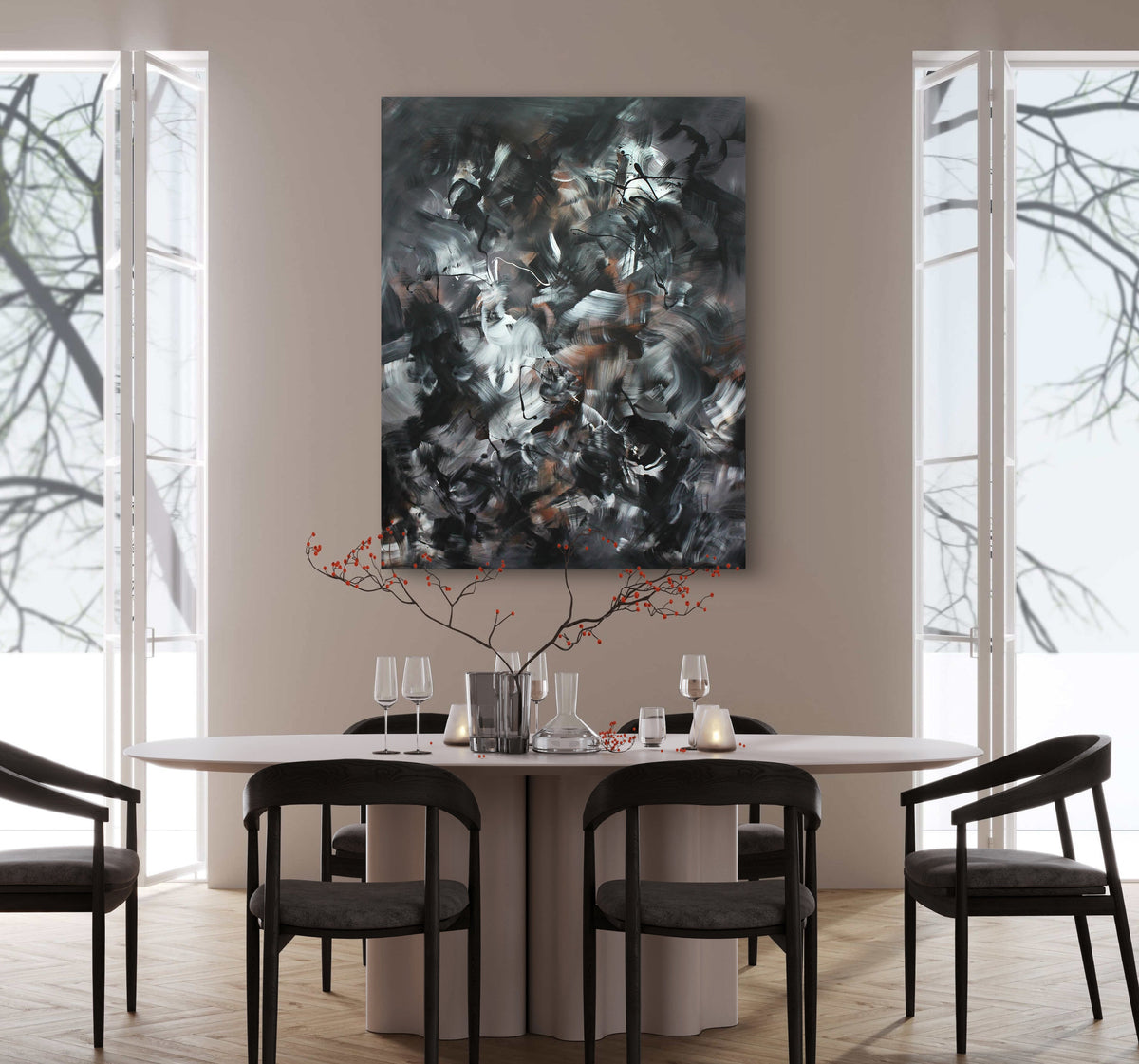 Chromatic Symphony by Paresh Nrshinga, abstract painting with contrasting colours in a dining room