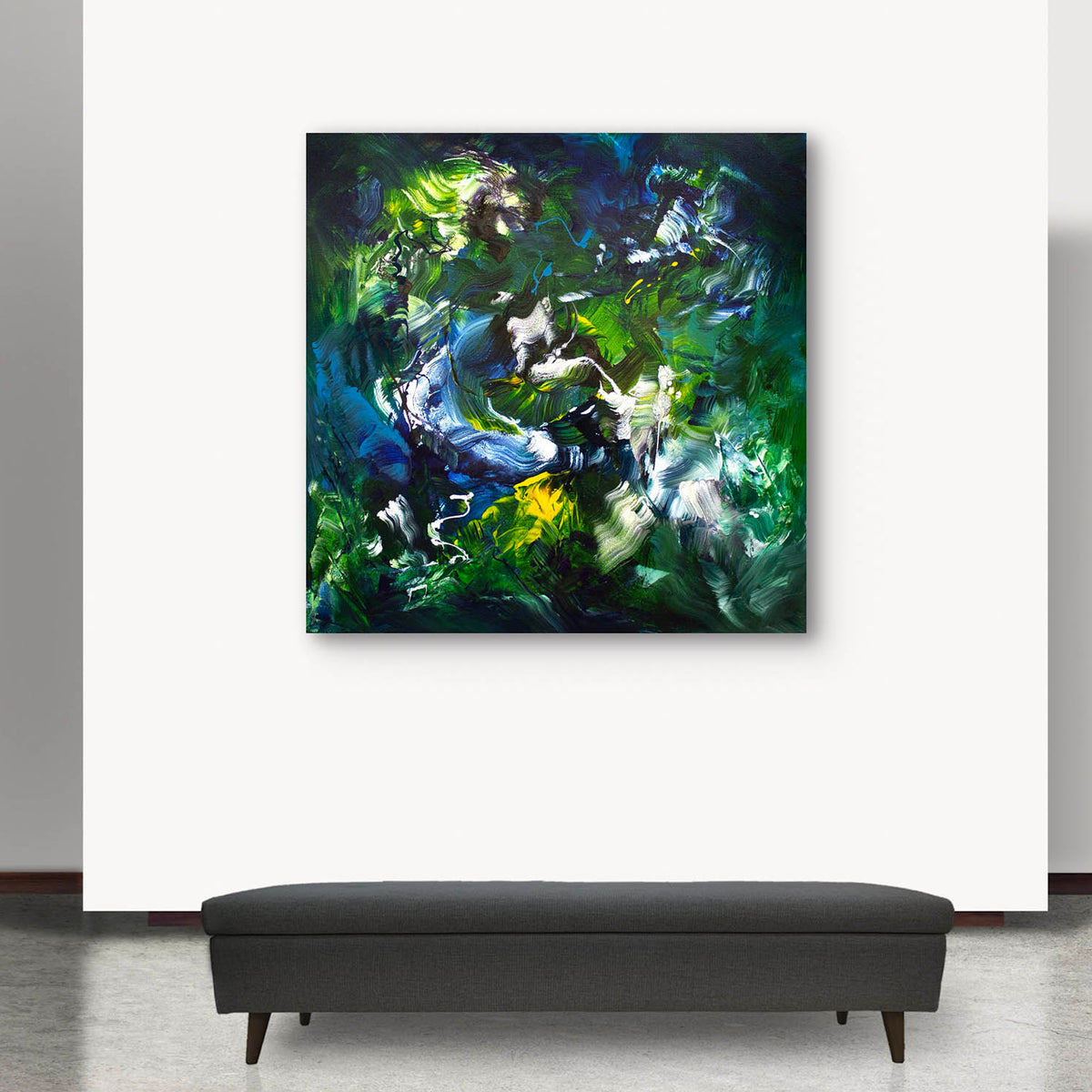 Large square abstract canvas with layered green brushstrokes and luminous depth