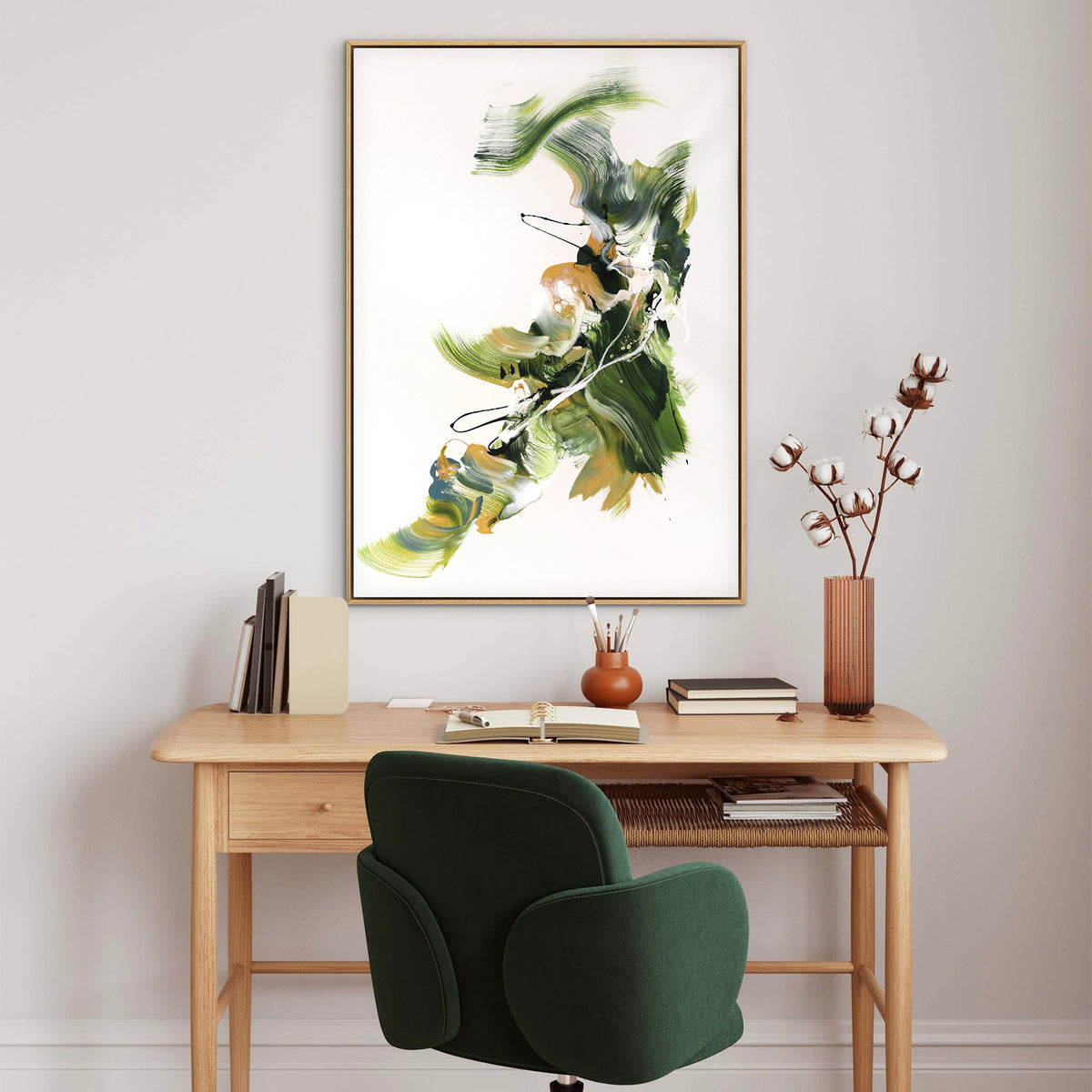 large horizontal abstract art in olive tones inspired by nature