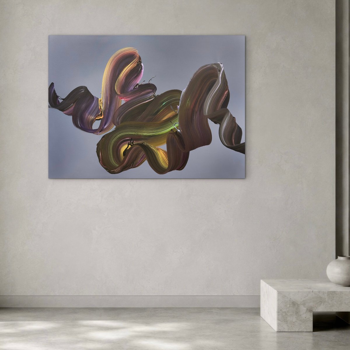 A Moment Unscripted by Paresh Nrshinga, large abstract painting shown in a modern living room