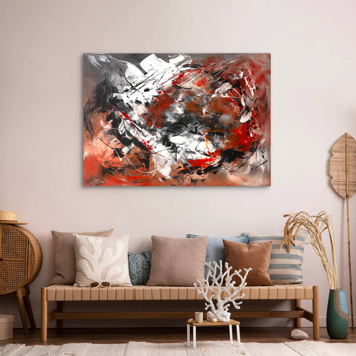 Statement abstract painting with bold red splashes and dynamic black brushwork