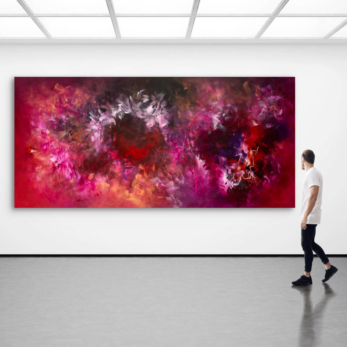 Light Of Change, original Crimson, Magenta, Pink abstract painting by Paresh Nrshinga displayed in a contemporary interior.