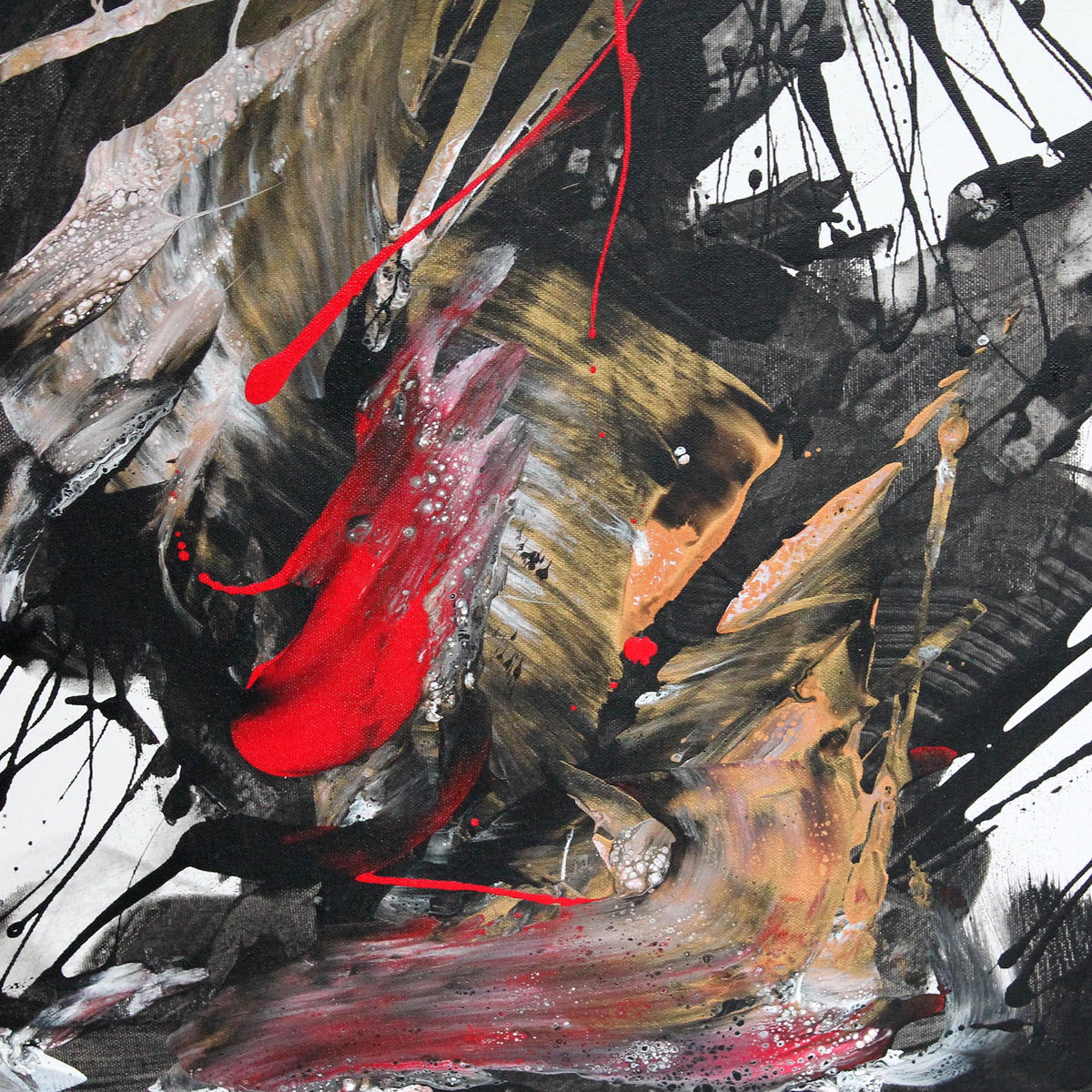 Expressive abstract painting with dynamic red and black brushstrokes, creating a sense of motion and energy on the canvas.