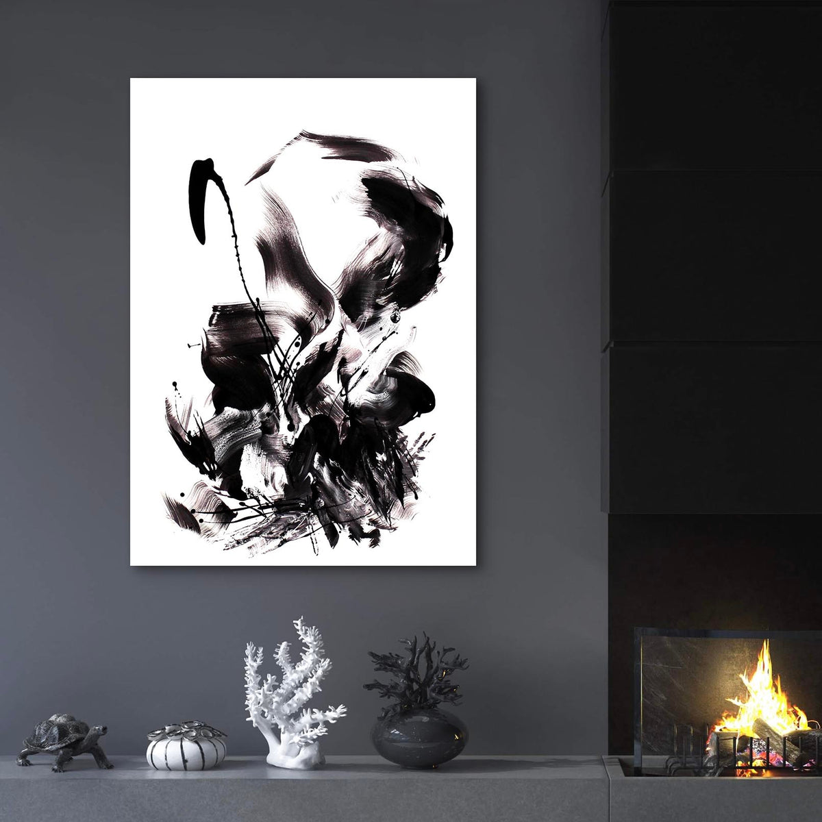 Monochrome abstract art piece with fluid, dynamic forms displayed on a dark gray wall above a rustic fireplace setting.