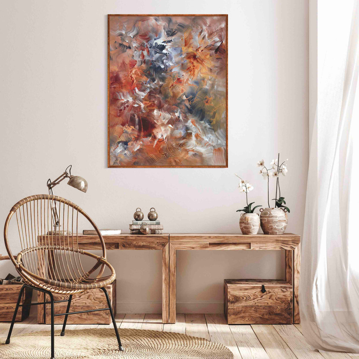 Autumn Breeze II by Paresh Nrshinga, warm amber and grey original abstract painting in an interior