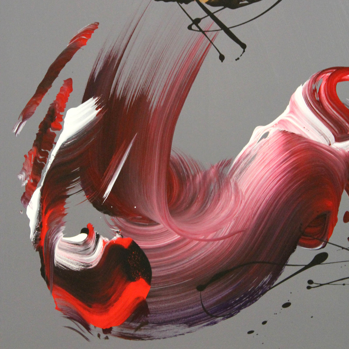 Fiery Symphony III by Paresh Nrshinga, square crimson and gold abstract painting in a modern home