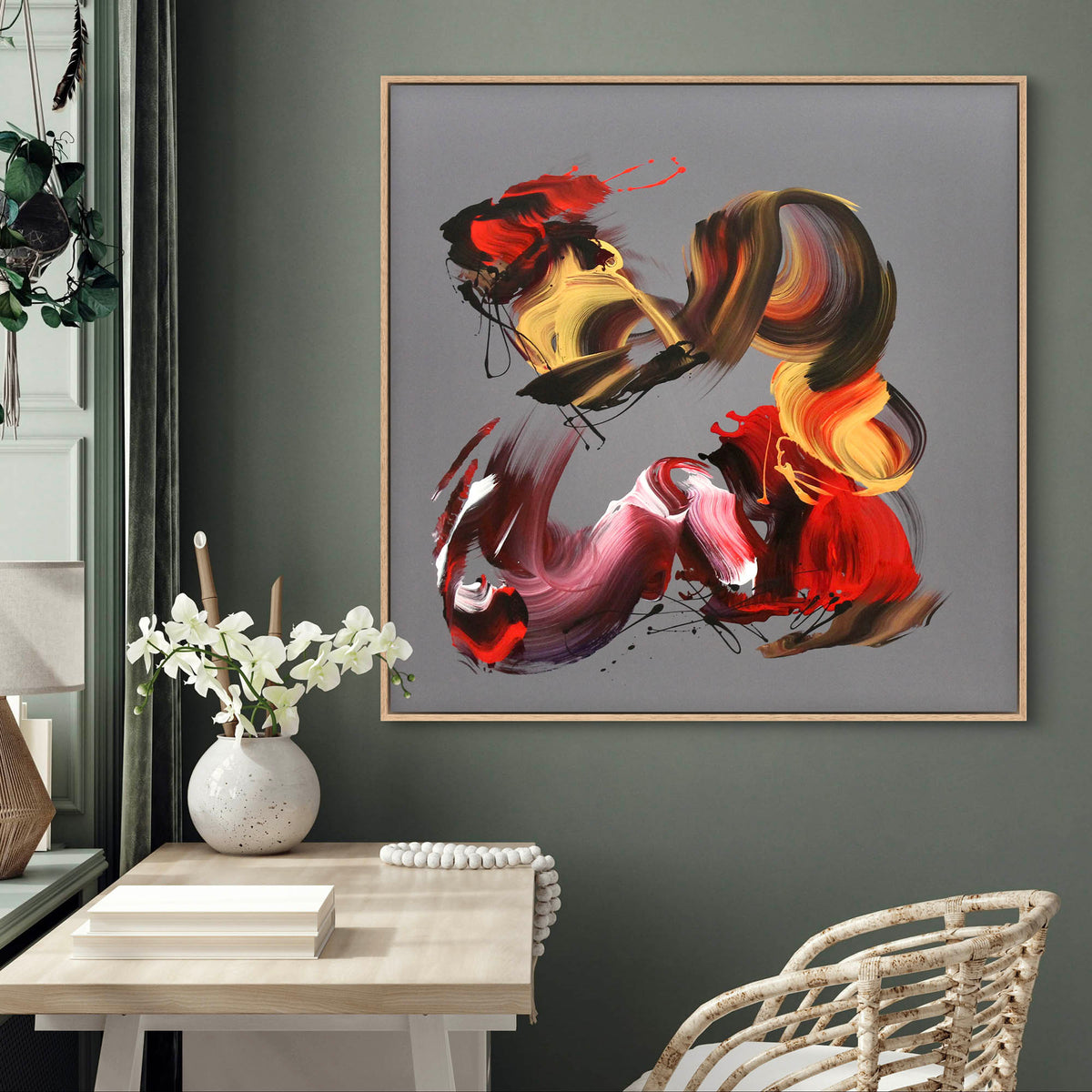 Fiery Symphony III by Paresh Nrshinga, crimson, burgundy and gold abstract painting, original canvas view