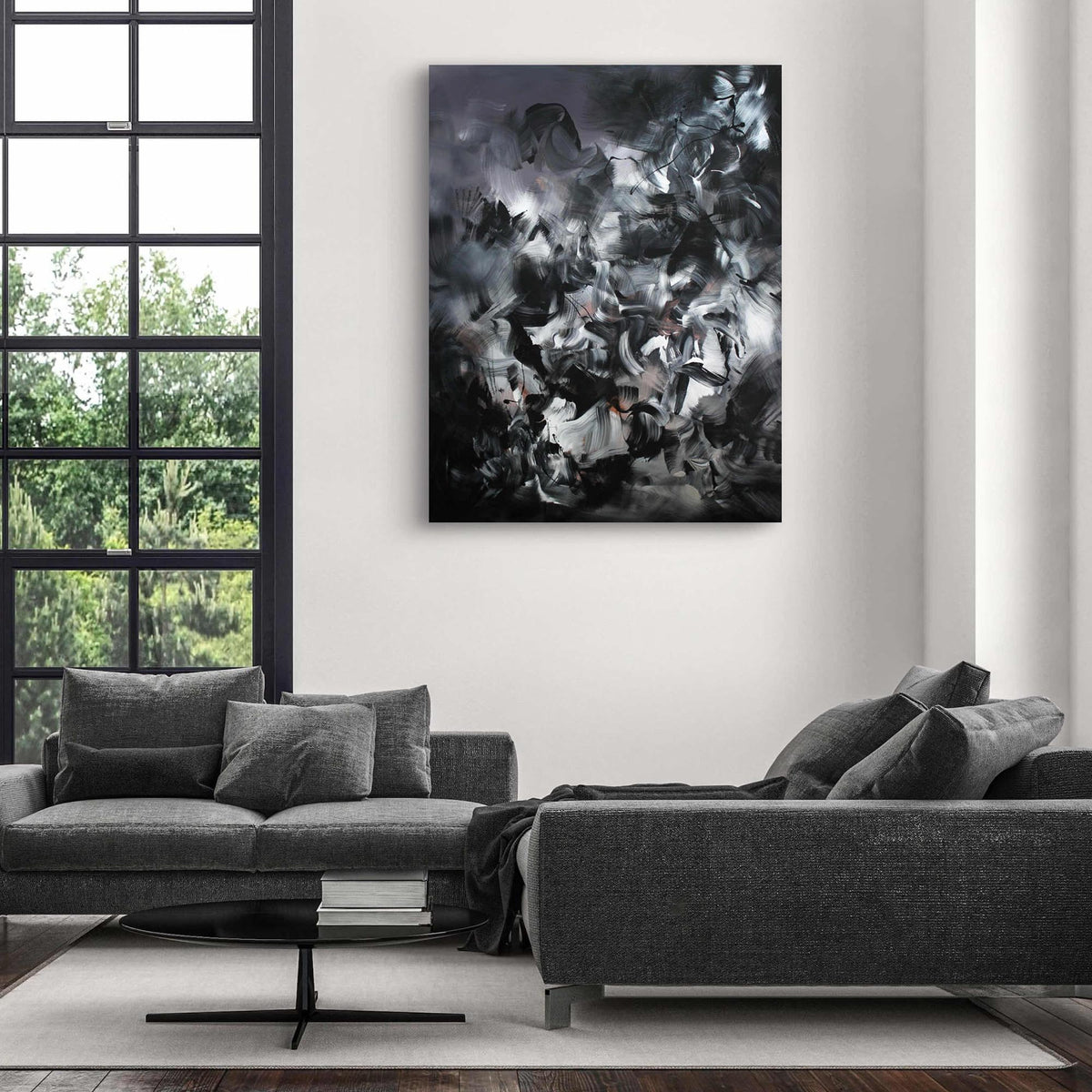 Dramatic black and white abstract art | Large canvas painting of intricate floral patterns displayed in modern living room setting