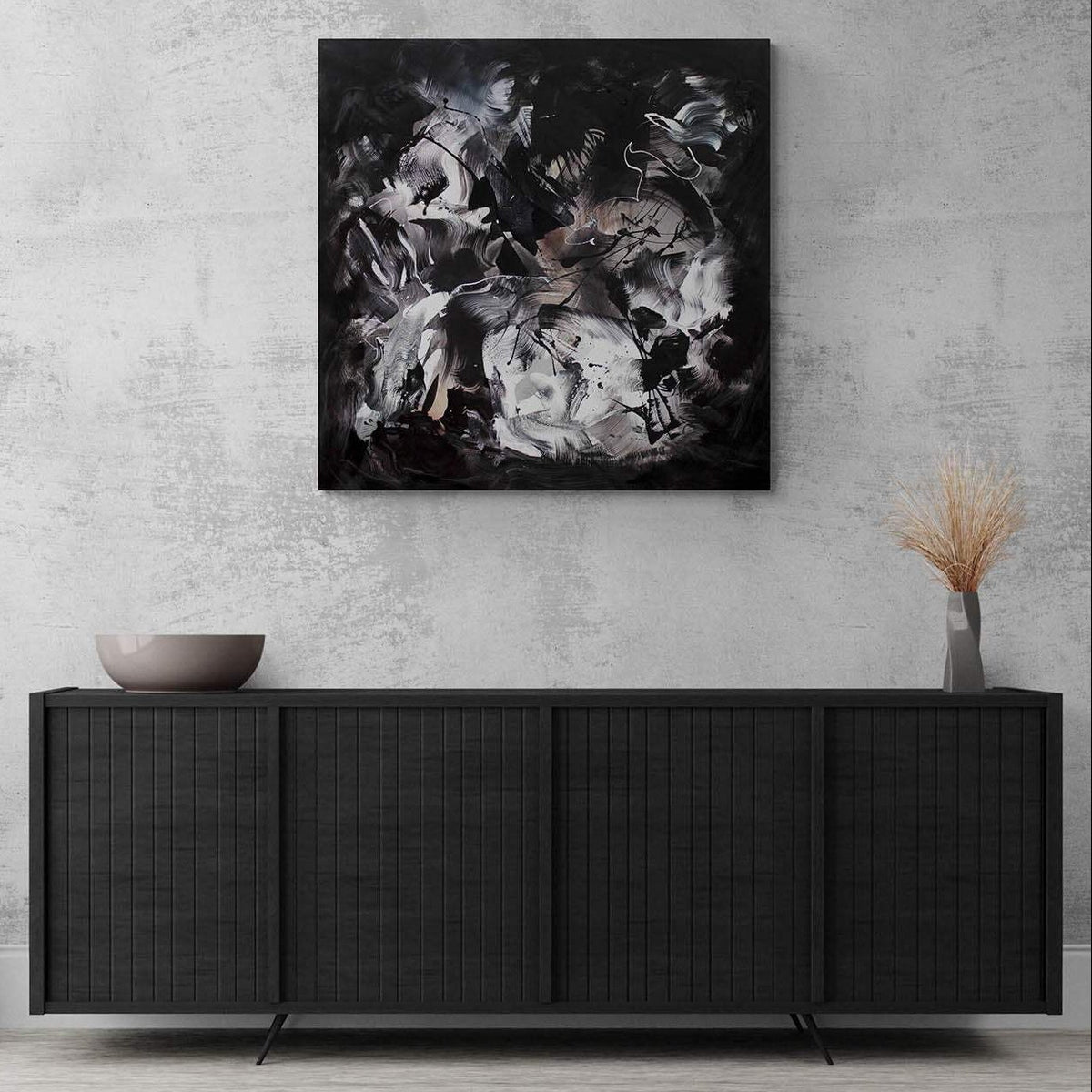 Mountain Breeze, original Black, White abstract painting by Paresh Nrshinga.