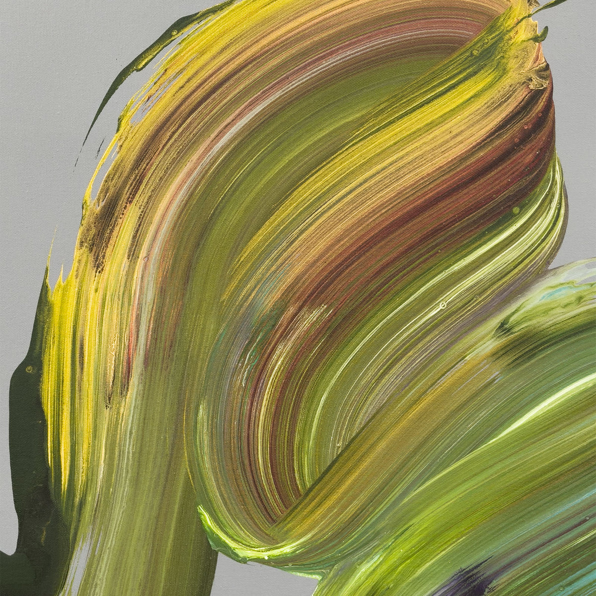 Detail of The Rhythm Within by Paresh Nrshinga, looping olive green and golden brushstrokes with hints of rust and turquoise