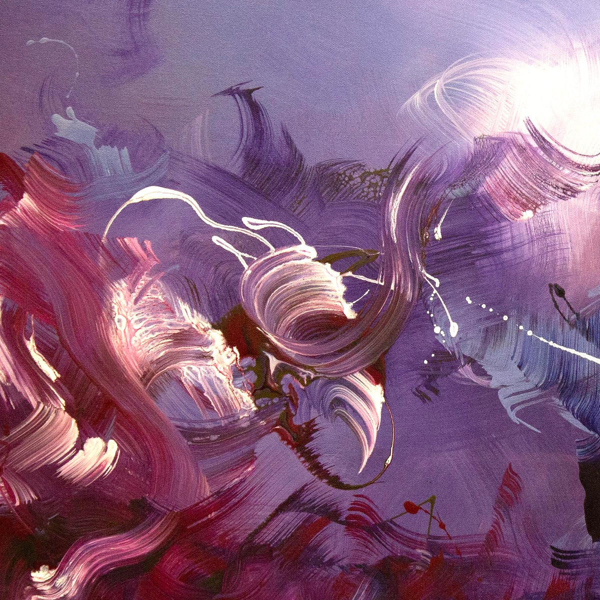 Detail of Veil Of Dreams, layered purple and pink abstract painting by Paresh Nrshinga