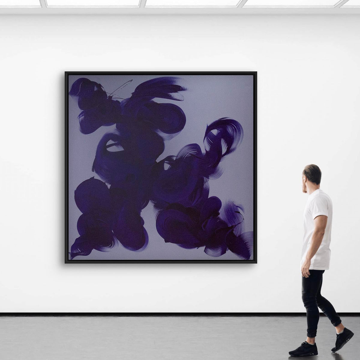 minimalist abstract art Deep Fluidity by British artist Paresh Nrshinga flowing navy brush marks on grey