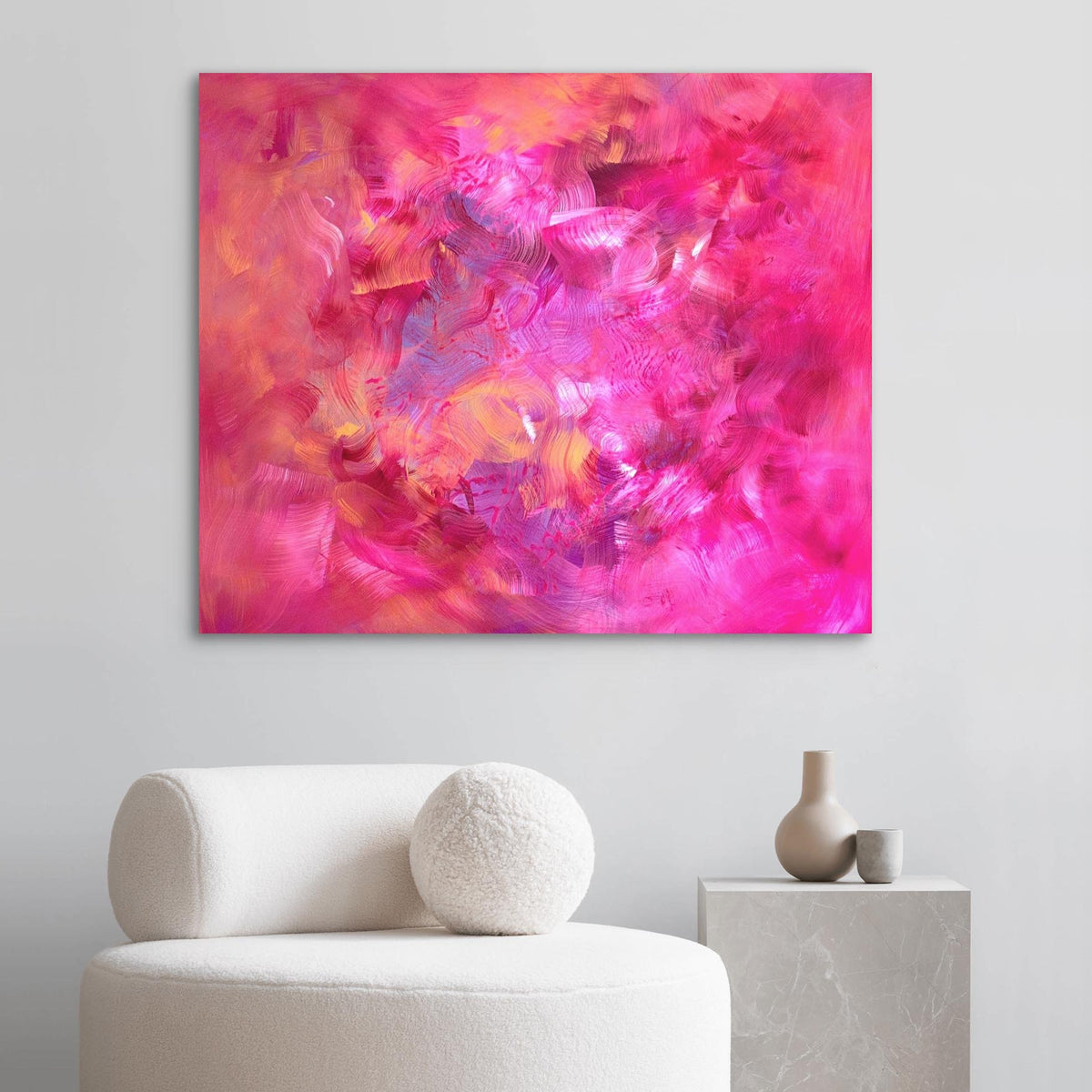 Blossom Haze by Paresh Nrshinga, magenta and coral abstract painting shown in an interior