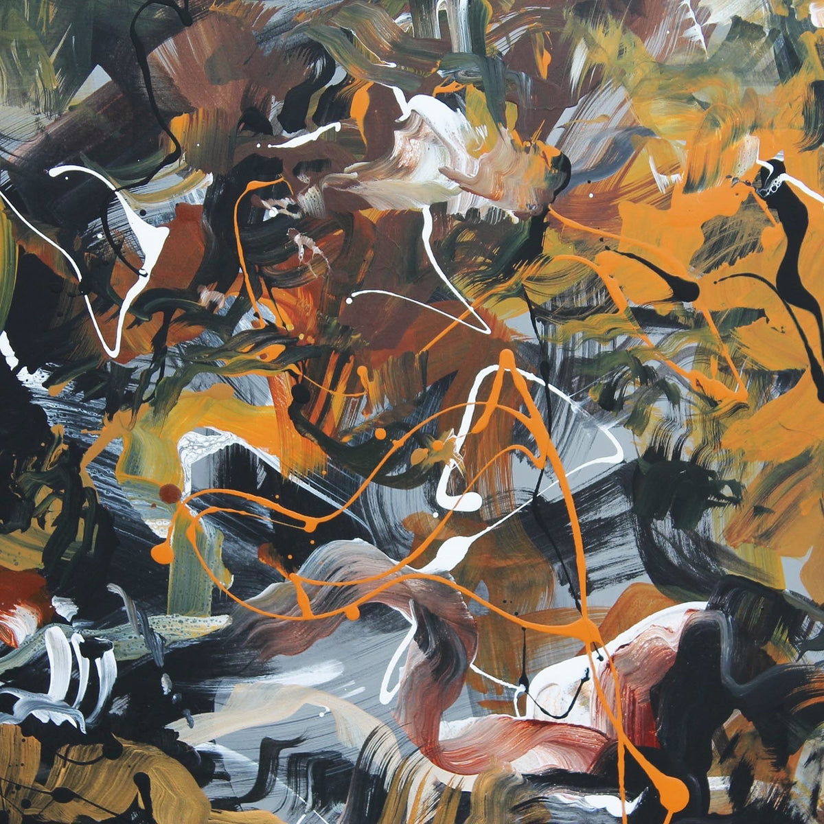 Vibrant abstract painting with a dance of earthy, fiery colors and dynamic brushstrokes. Energetic, expressive artwork with a captivating blend of oranges, browns, and black accents. Pollock-inspired abstract art featuring a lively, organic composition that fills the canvas.