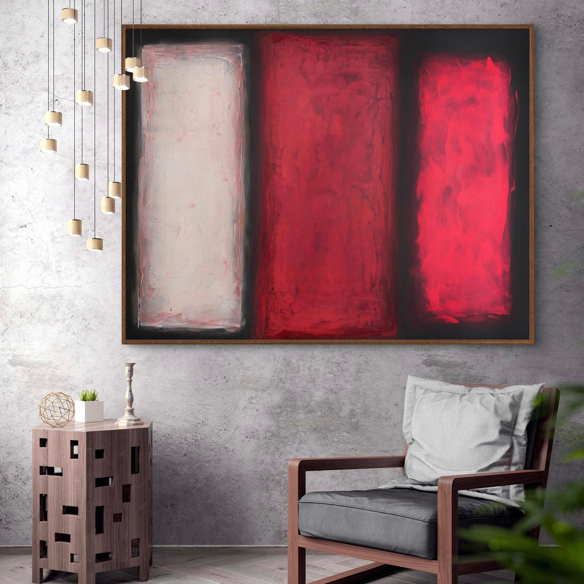 Vibrant Abstract Art | Framed Rothko-Inspired Canvas Painting in Red Hues, Displayed in Modern Decor Setting