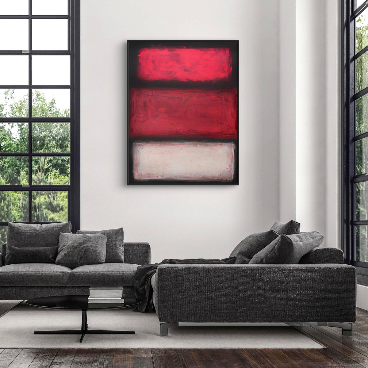 Fall in Paris by Paresh Nrshinga, red geometric abstract canvas in a living room